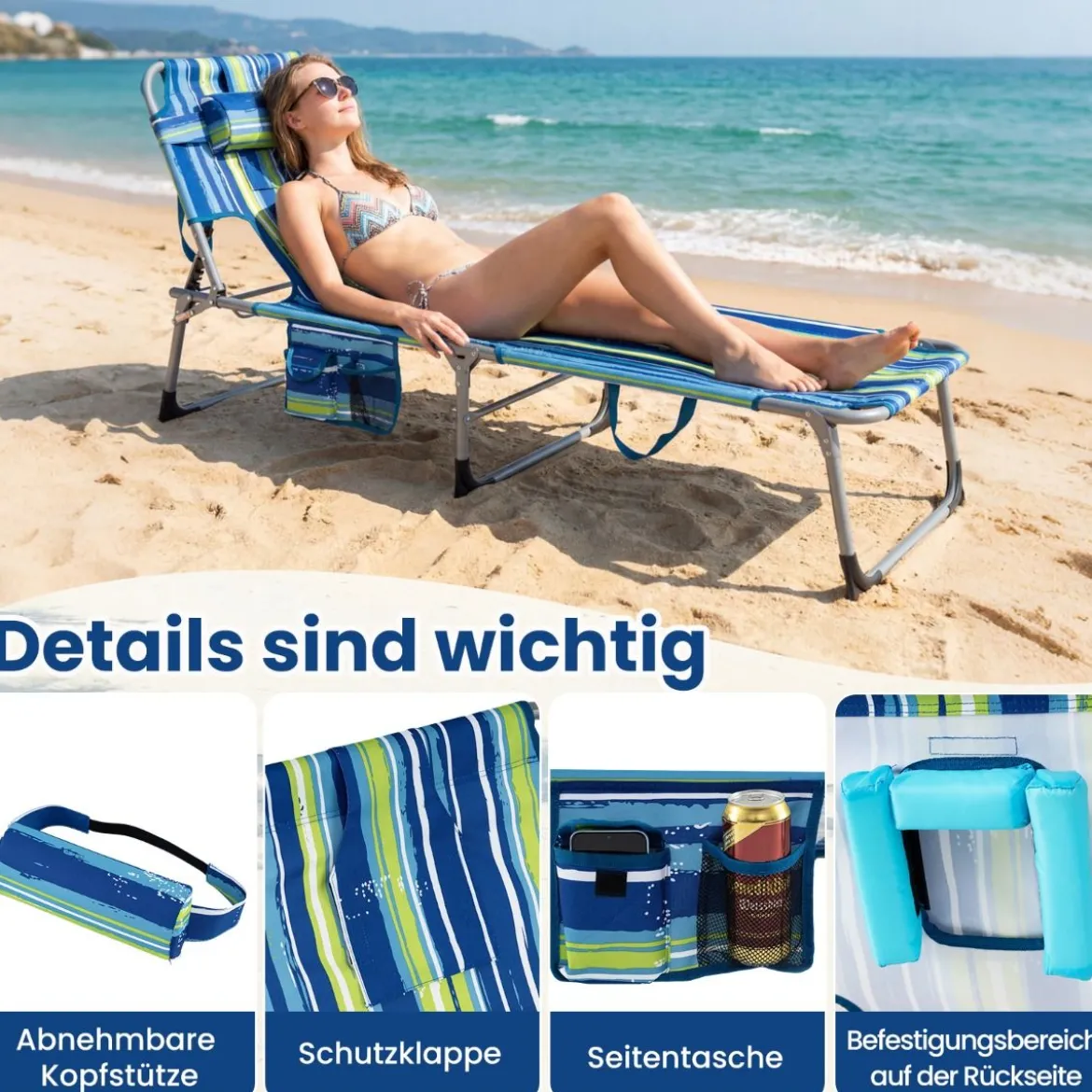 Klappbare Sonnenliege mit Loch für Kopf & Arme Gartenliege mit Verstellbarer Rückenlehne Blau Gestreift