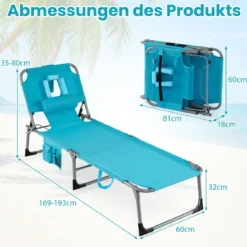 Klappbare Sonnenliege mit Loch für Kopf & Arme Gartenliege mit Verstellbarer Rückenlehne Türkis