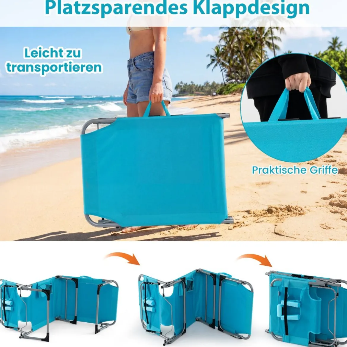 Klappbare Sonnenliege mit Loch für Kopf & Arme Gartenliege mit Verstellbarer Rückenlehne Türkis