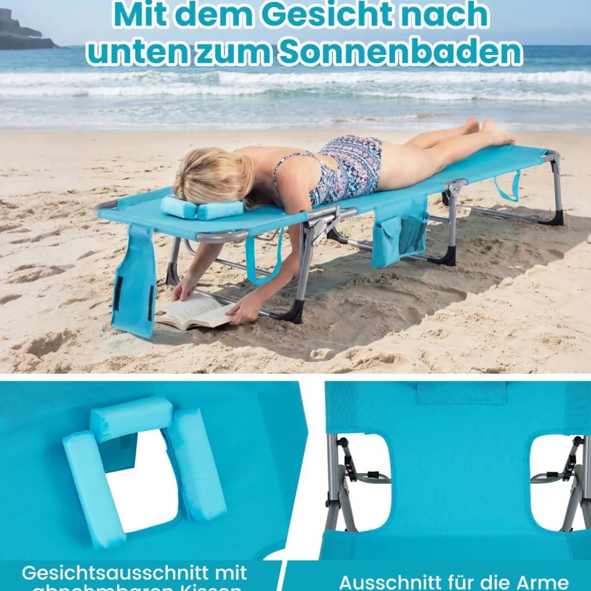 Klappbare Sonnenliege mit Loch für Kopf & Arme Gartenliege mit Verstellbarer Rückenlehne Türkis