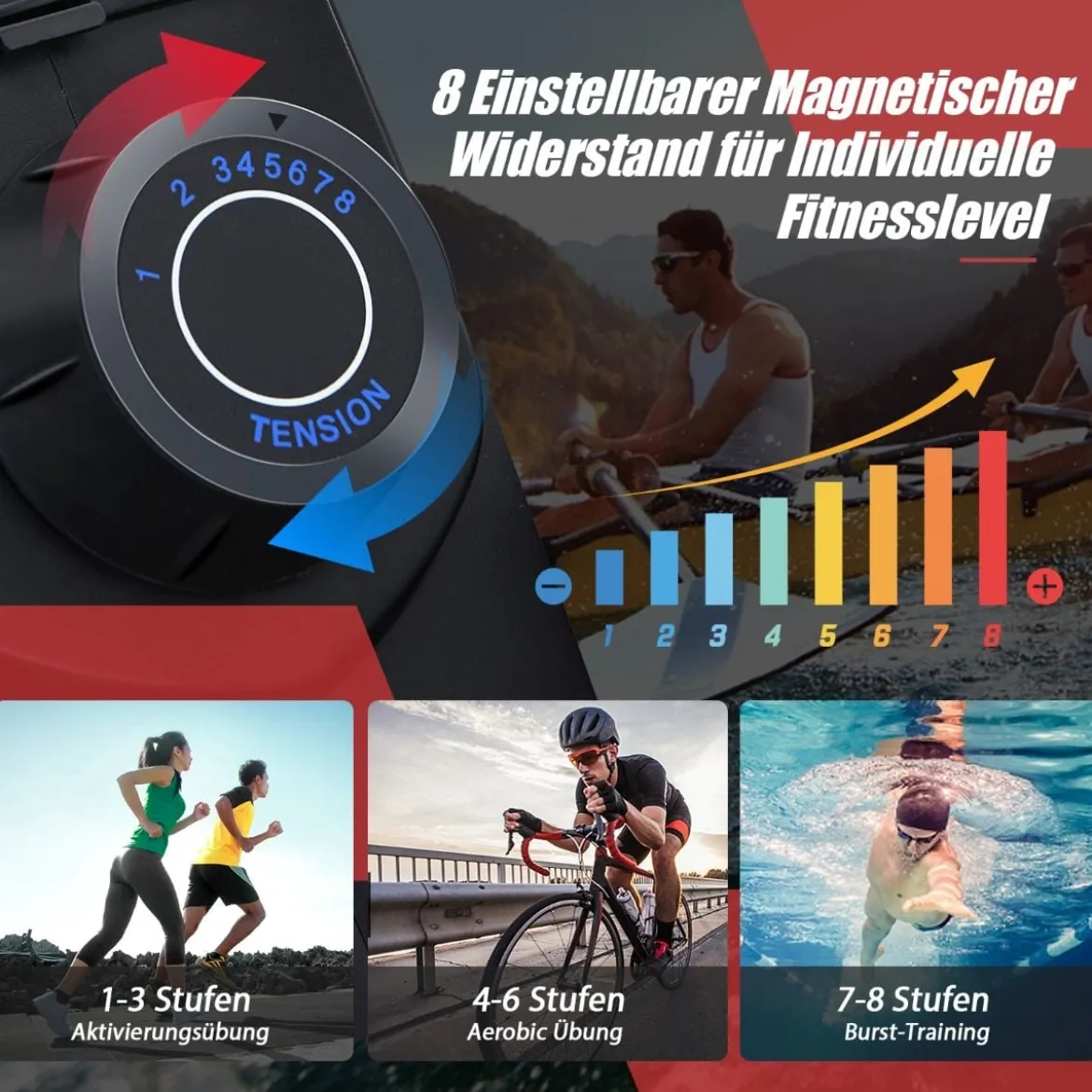 Klappbares Rudergerät magnetisches Rudergerät 180 x 54 x 57 cm Schwarz