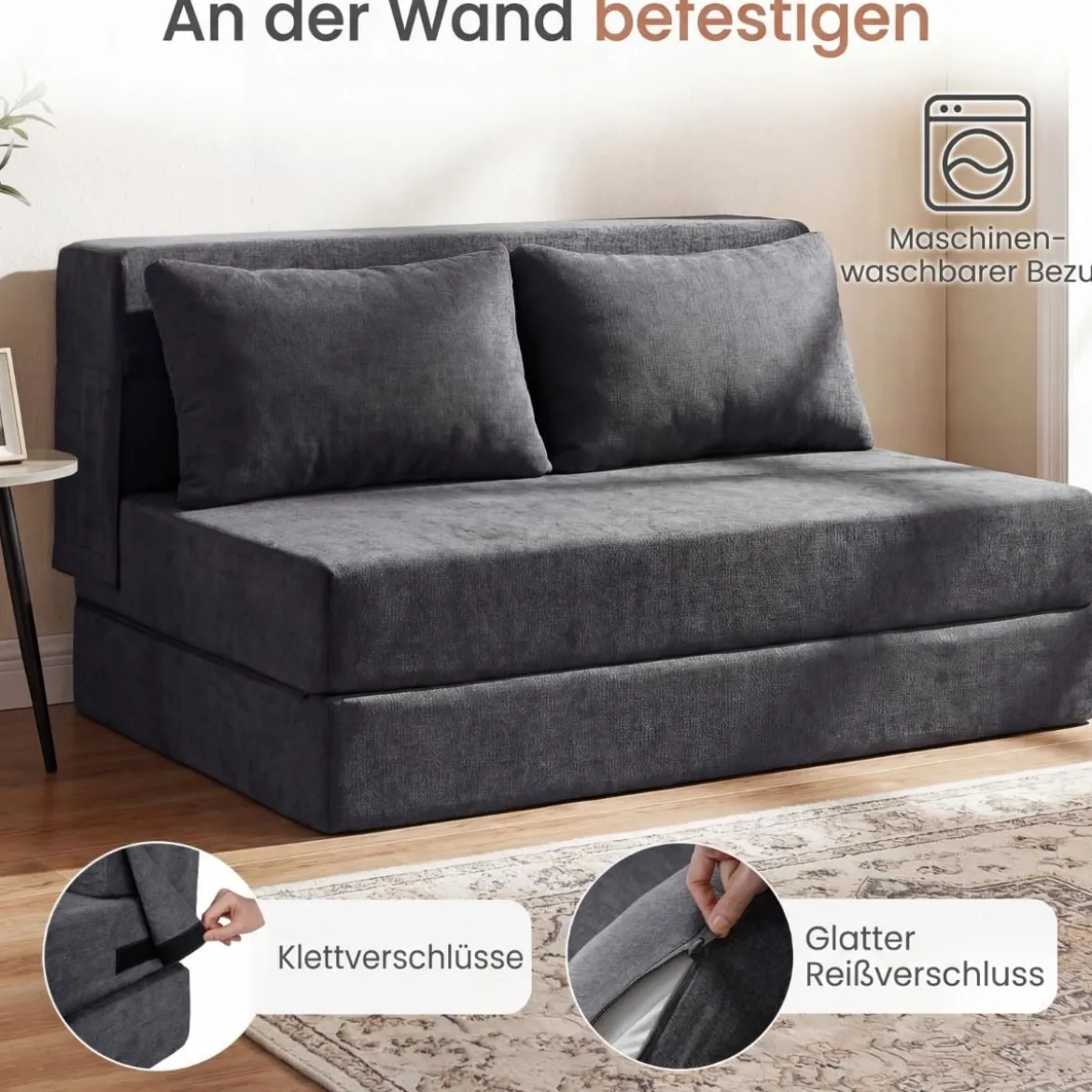 Klappbares Schlafsofa 3 In 1 Chenille 2 Kissen für Wohnzimmer Schlafzimmer Home Office Grau