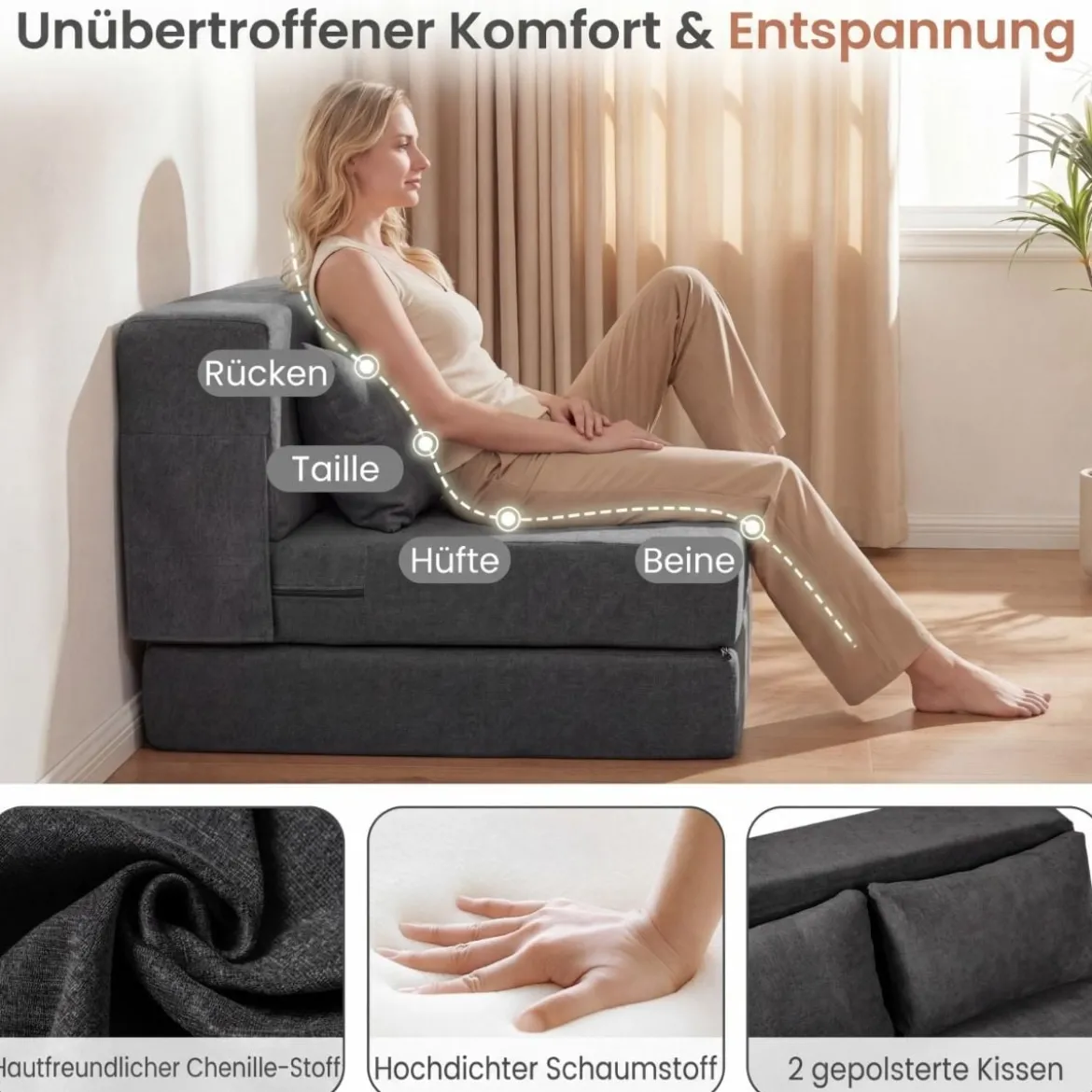 Klappbares Schlafsofa 3 In 1 Chenille 2 Kissen für Wohnzimmer Schlafzimmer Home Office Grau