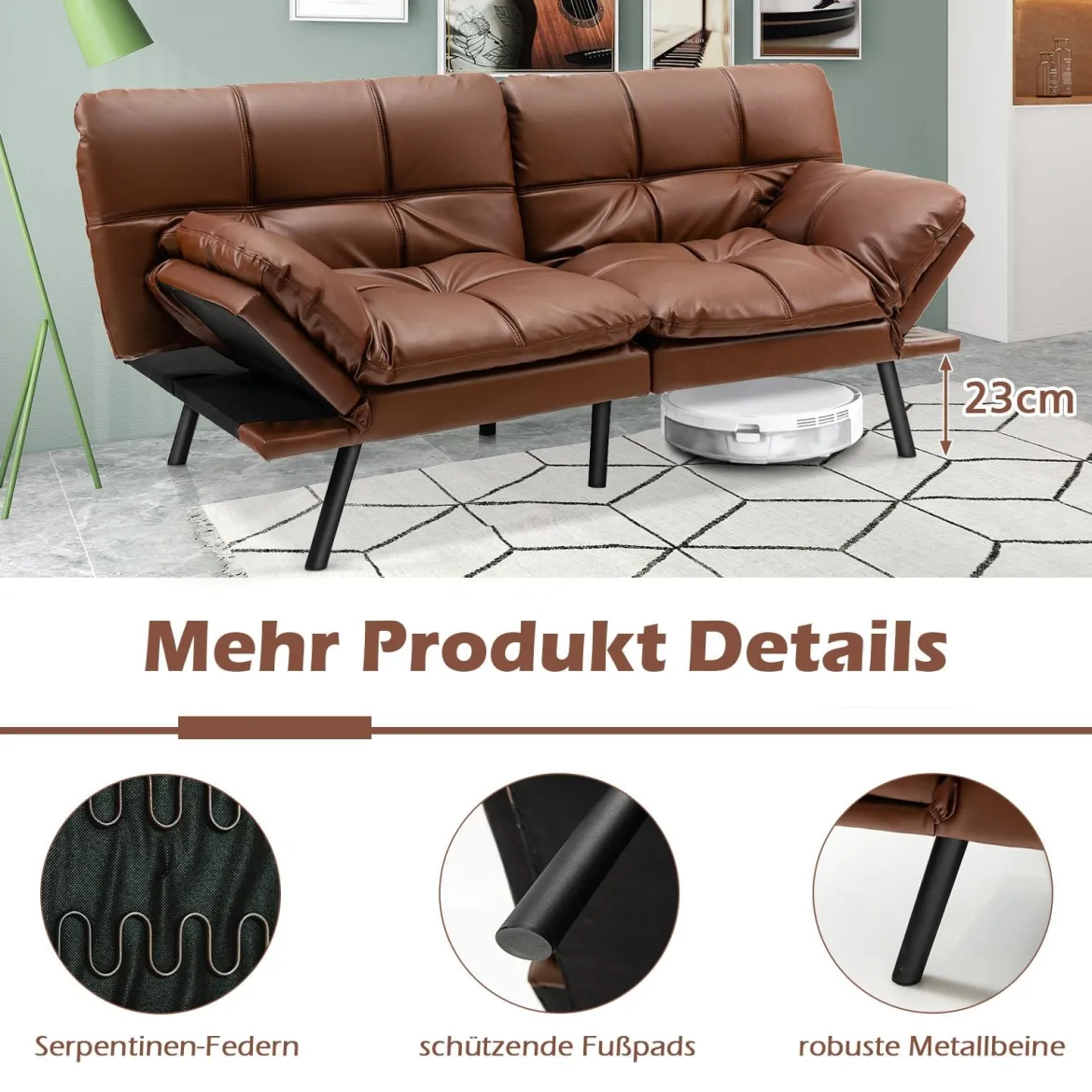 Klappbares Schlafsofa mit Schlaffunktion Schlafcouch mit Verstellbarer Rückenlehne Braun