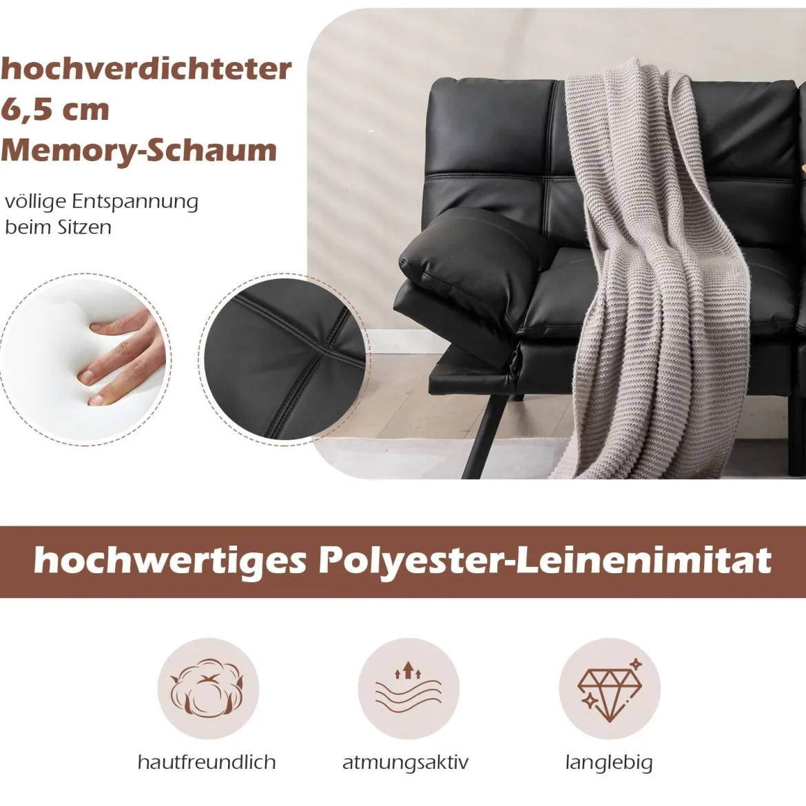 Klappbares Schlafsofa mit Schlaffunktion Schlafcouch mit Verstellbarer Rückenlehne Braun Schwarz