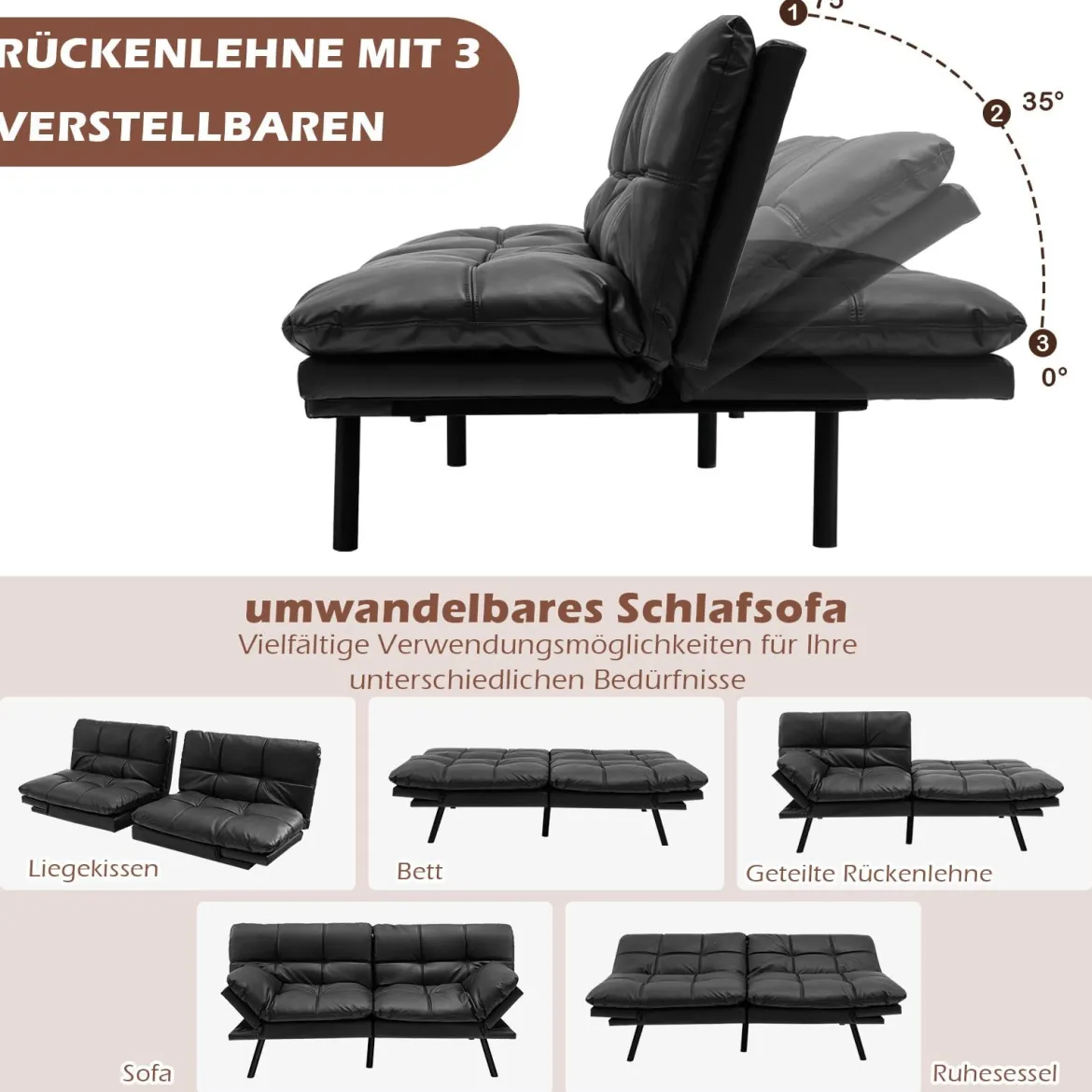Klappbares Schlafsofa mit Schlaffunktion Schlafcouch mit Verstellbarer Rückenlehne Braun Schwarz