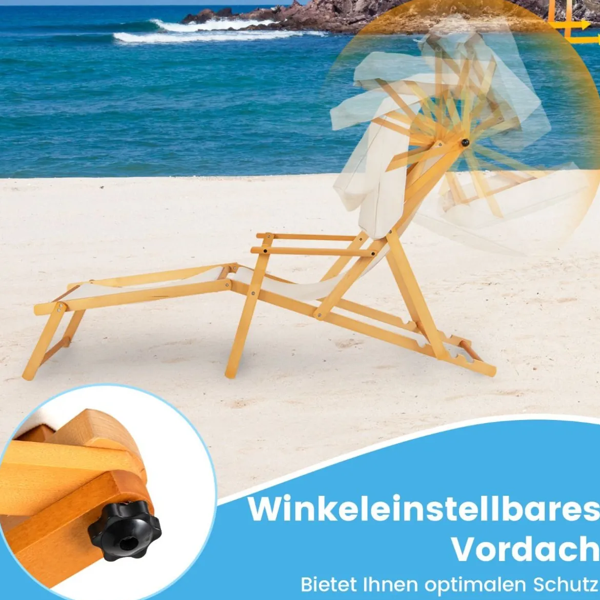 Klappbare Strandliege mit Neigbarem Baldachin &Verstellbarer Rückenlehne & Fußstütze