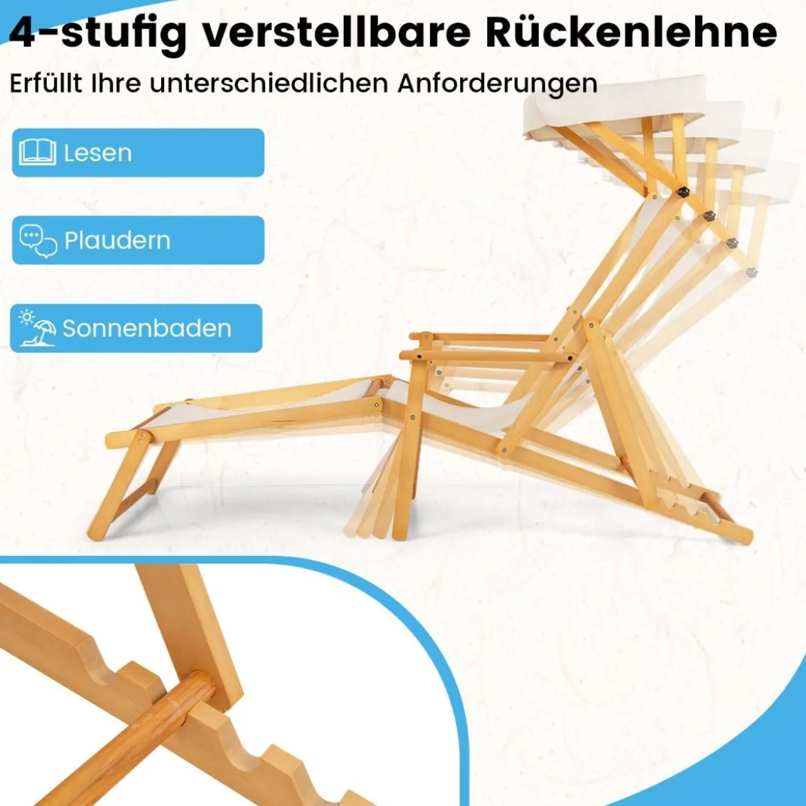 Klappbare Strandliege mit Neigbarem Baldachin &Verstellbarer Rückenlehne & Fußstütze