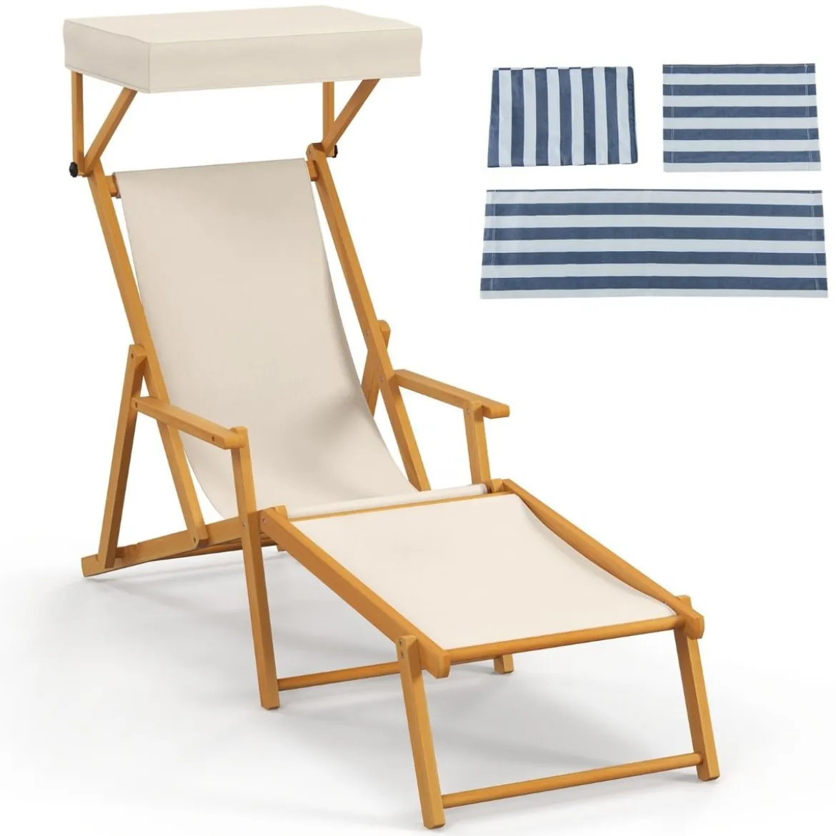 Klappbare Strandliege mit Neigbarem Baldachin &Verstellbarer Rückenlehne & Fußstütze