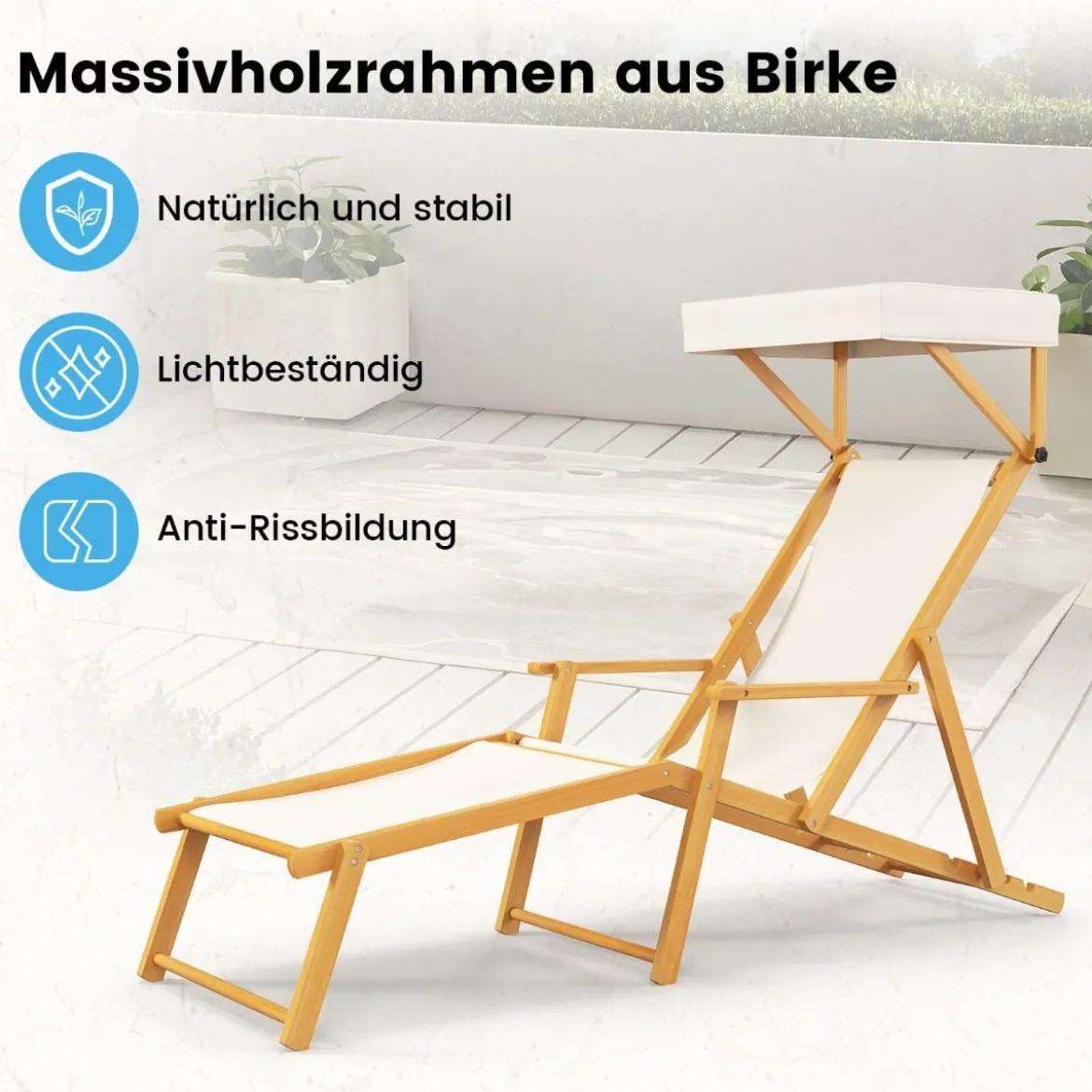 Klappbare Strandliege mit Neigbarem Baldachin &Verstellbarer Rückenlehne & Fußstütze