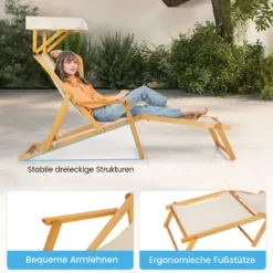 Klappbare Strandliege mit Neigbarem Baldachin &Verstellbarer Rückenlehne & Fußstütze