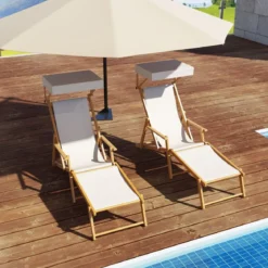 Klappbare Strandliege mit Neigbarem Baldachin &Verstellbarer Rückenlehne & Fußstütze