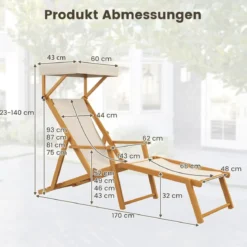 Klappbare Strandliege mit Neigbarem Baldachin &Verstellbarer Rückenlehne & Fußstütze