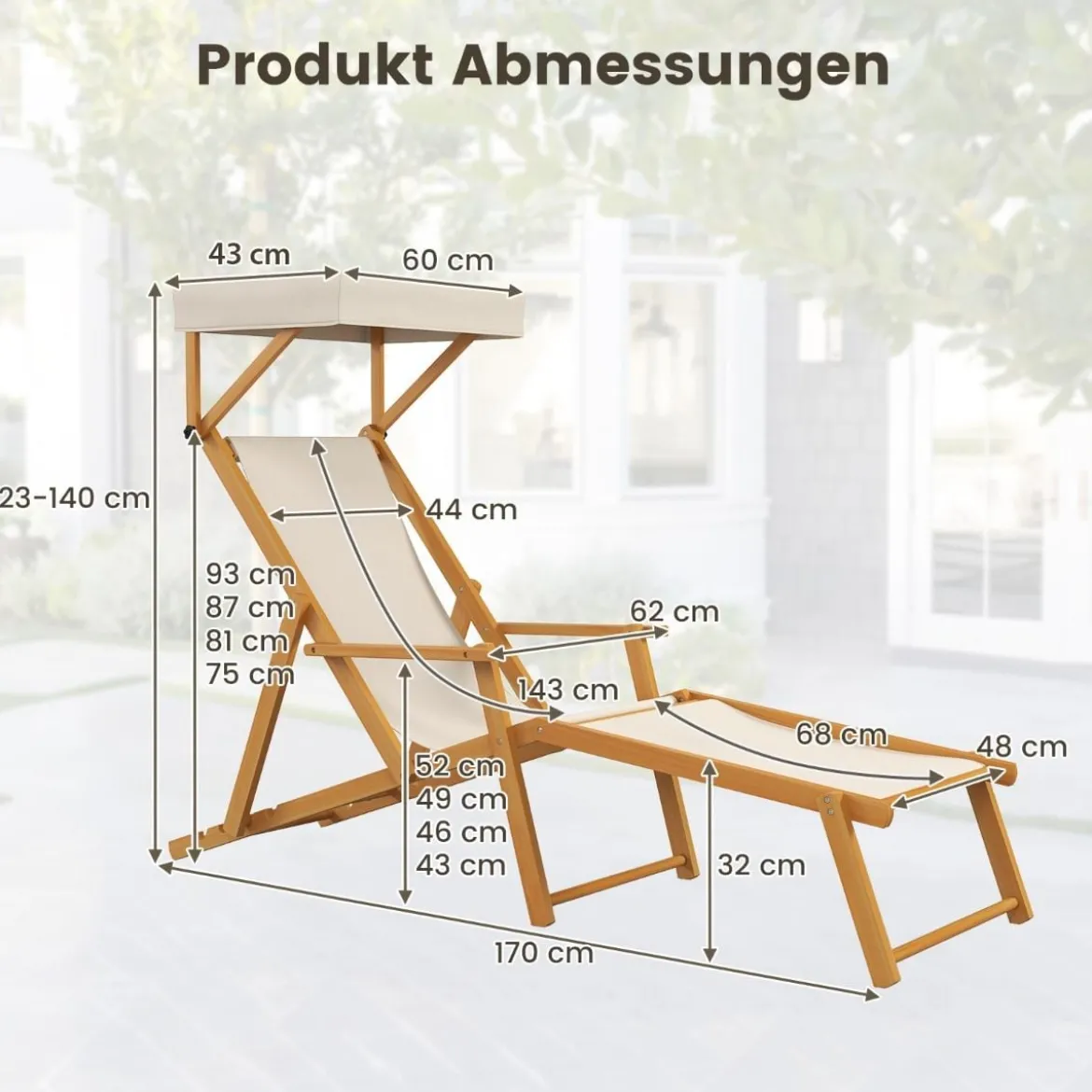 Klappbare Strandliege mit Neigbarem Baldachin &Verstellbarer Rückenlehne & Fußstütze