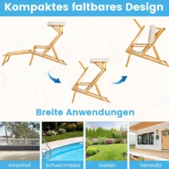 Klappbare Strandliege mit Neigbarem Baldachin &Verstellbarer Rückenlehne & Fußstütze