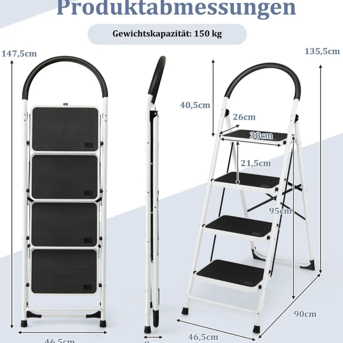 klappbare 4-stufige Leiter mit Handgriff Tragfähigkeit von 150 Kg 46,5 x 90 x 135,5 cm