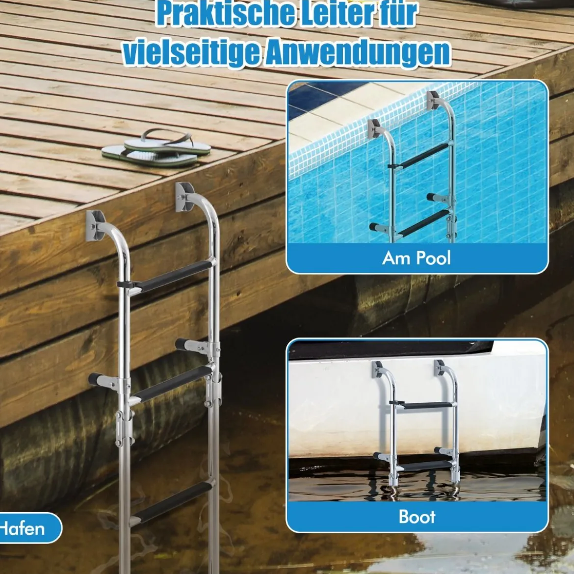 Klappbare 3-stufige Leiter mit Robusten PVC-Stufen & Bodenadapter & Clips 27,5 x 13 x 90 cm
