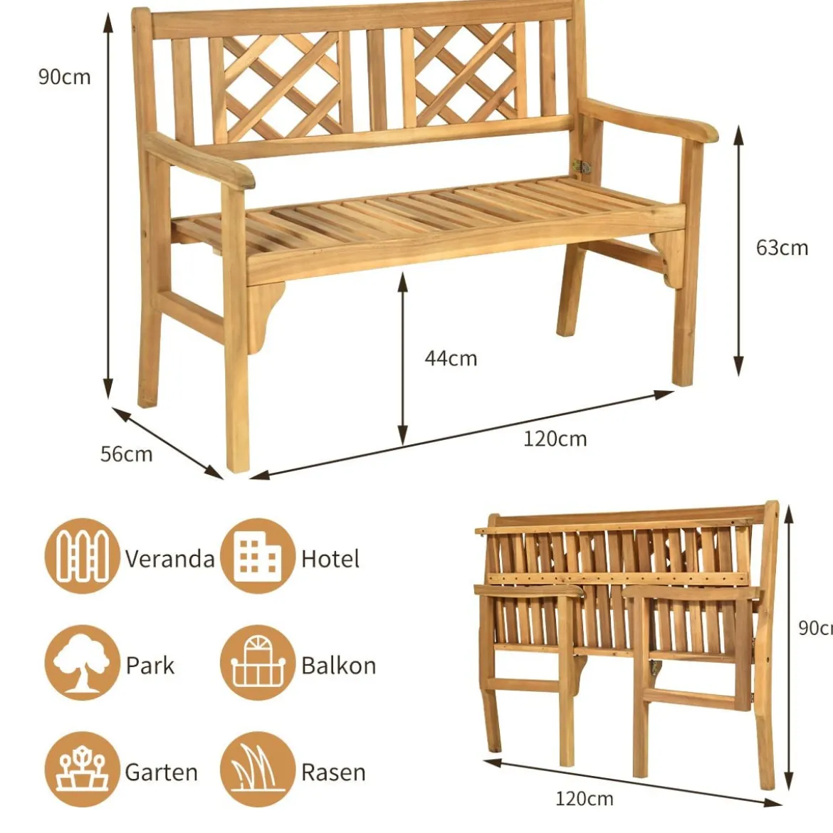 Klappbare Terrassenbank Gartenbank Holz Holzbank Gartenmöbel 120 x 56 x 90 cm Natur