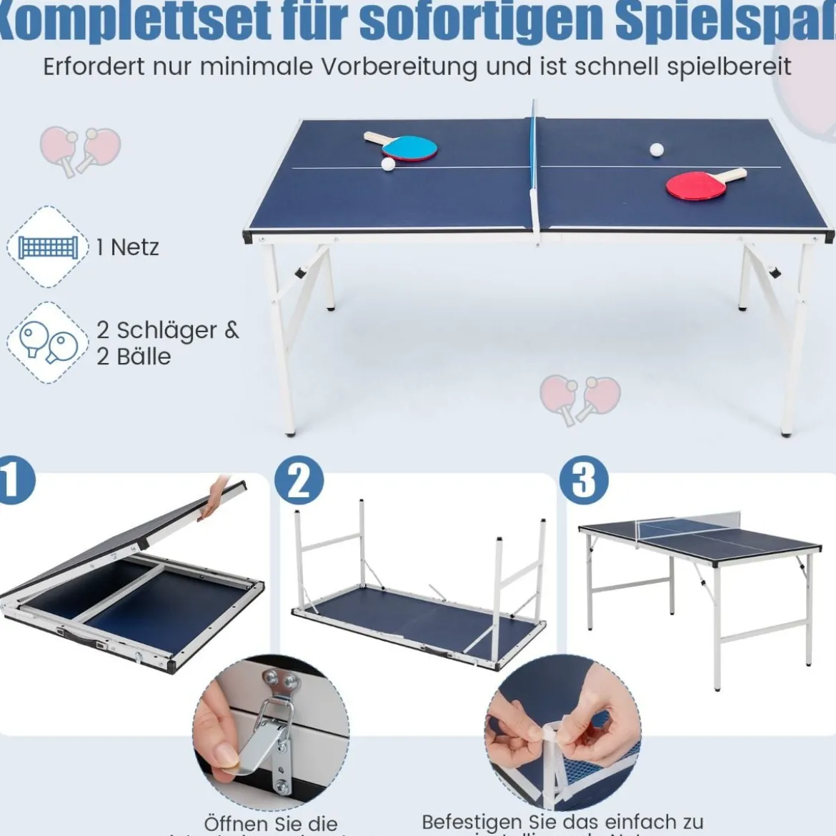 Klappbare Tischtennisplatte mit Netz & 2 Schlägern & Bällen Mini Tischtennistisch Ping Pong Tisch