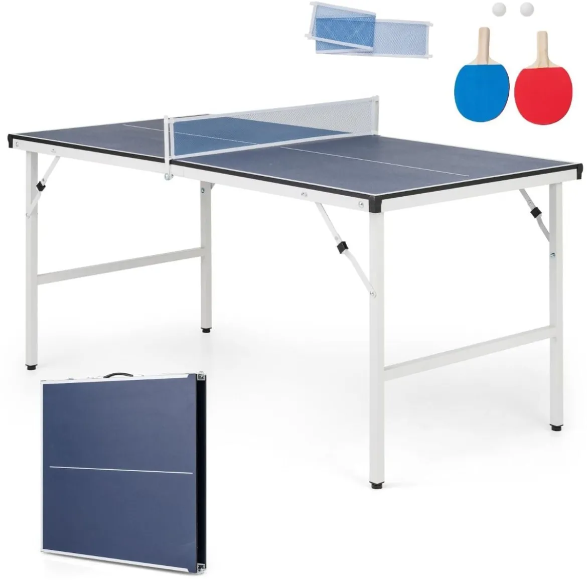 Klappbare Tischtennisplatte mit Netz & 2 Schlägern & Bällen Mini Tischtennistisch Ping Pong Tisch