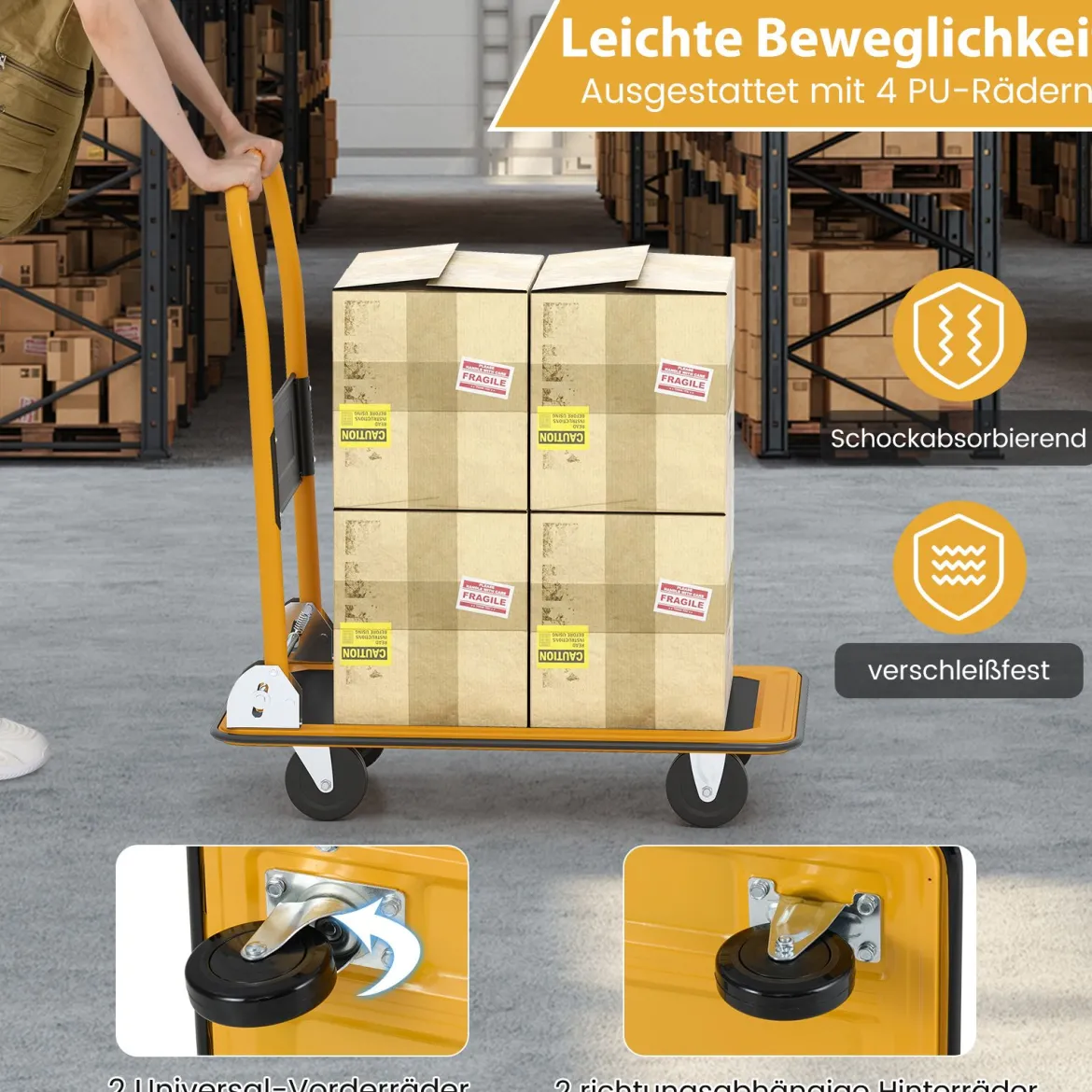 Klappbare Transportwagen bis 150 kg Tragkraft Plattformwagen mit 360° Lenkrollen & Handgriff Orange