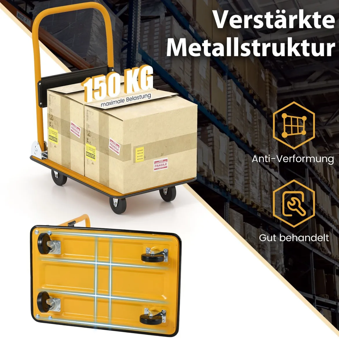 Klappbare Transportwagen bis 150 kg Tragkraft Plattformwagen mit 360° Lenkrollen & Handgriff Orange