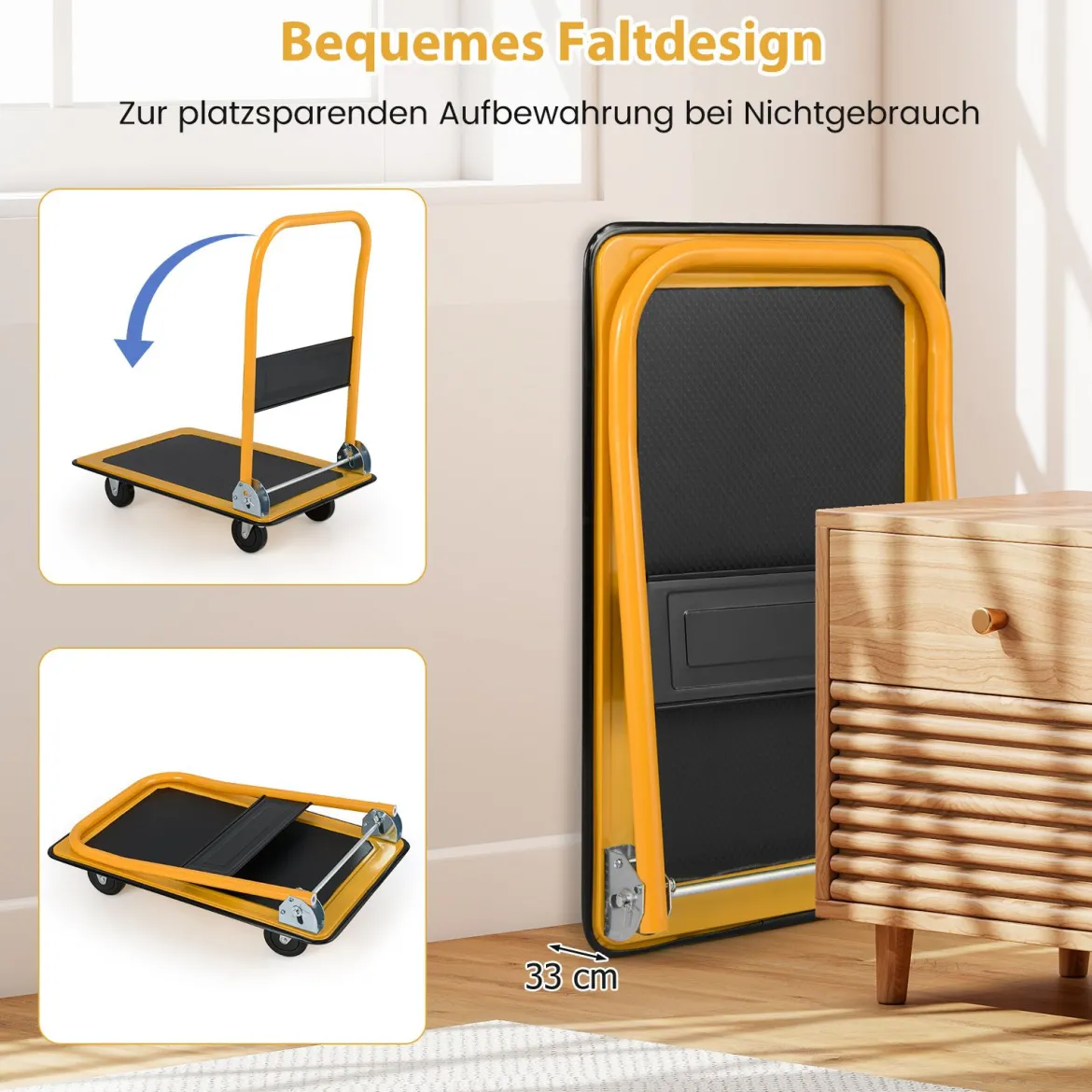 Klappbare Transportwagen bis 150 kg Tragkraft Plattformwagen mit 360° Lenkrollen & Handgriff Orange