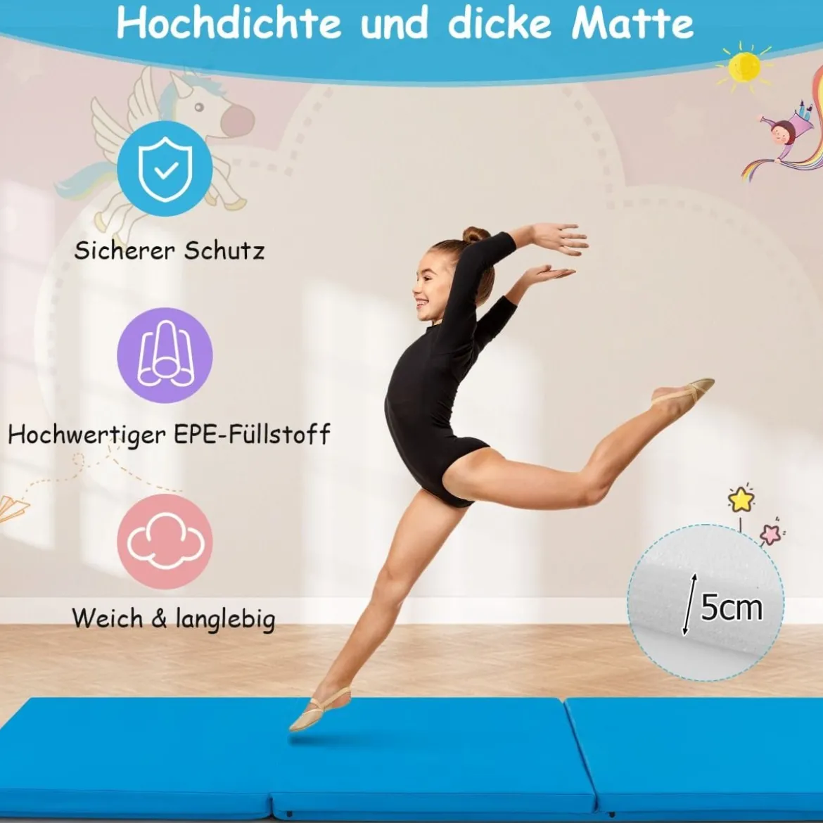 Klappbare Weichbodenmatte mit 2 Griffen Rutschfeste Gymnastikmatte 180 x 60 x 5 cm