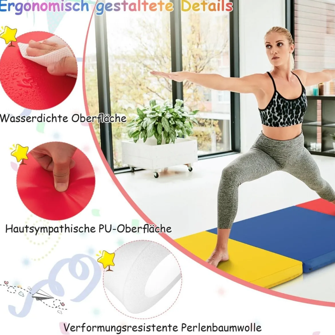 Klappbare Weichbodenmatte mit 2 Griffen Rutschfeste Gymnastikmatte 180 x 60 x 5 cm