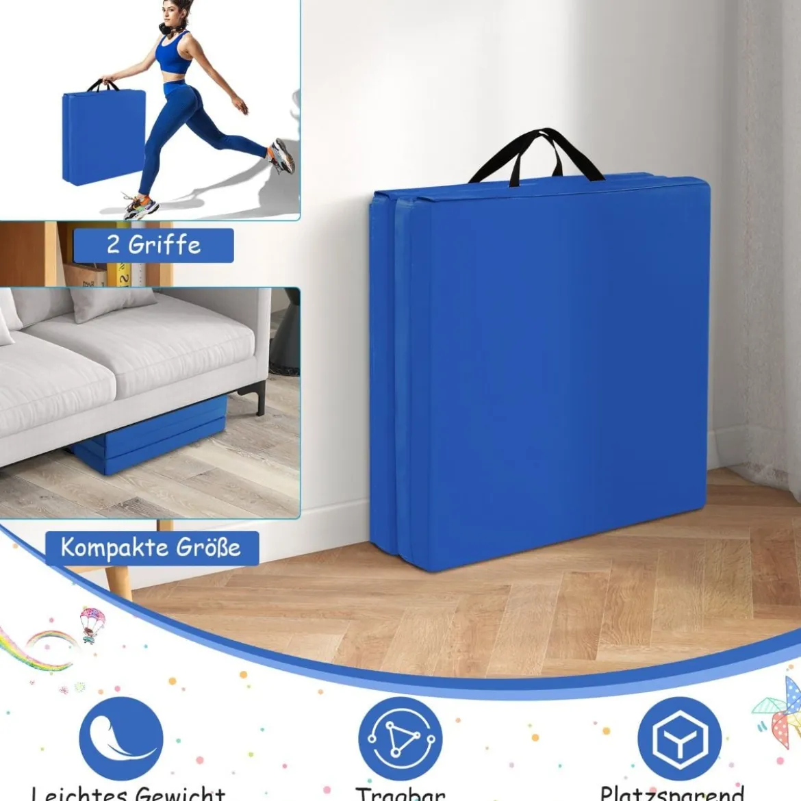 Klappbare Weichbodenmatte mit 2 Griffen Rutschfeste Gymnastikmatte 180 x 60 x 5 cm