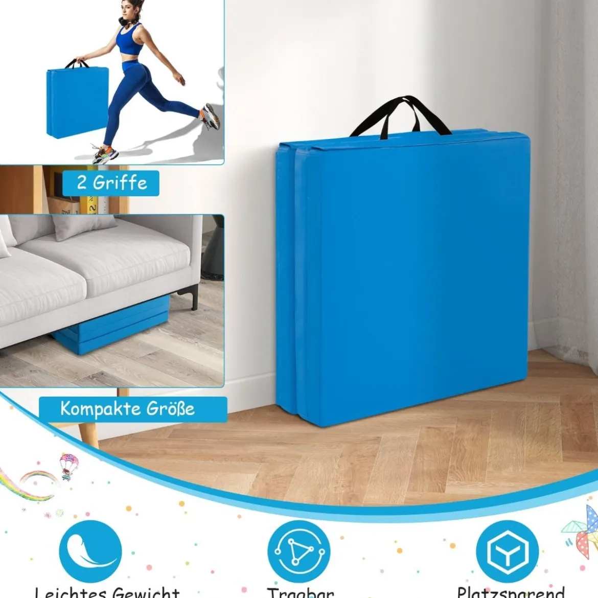 Klappbare Weichbodenmatte mit 2 Griffen Rutschfeste Gymnastikmatte 180 x 60 x 5 cm