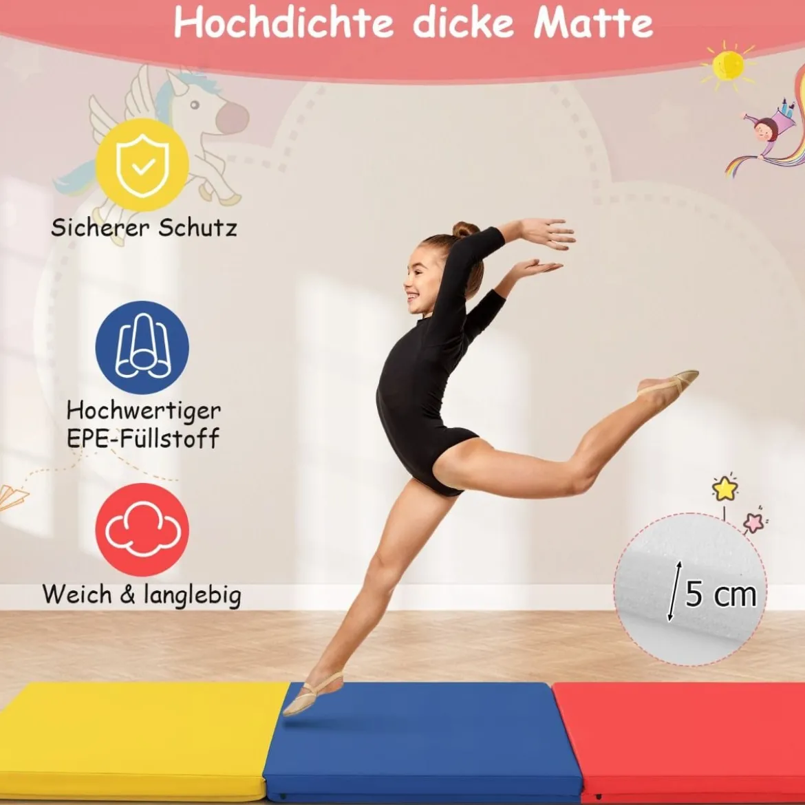 Klappbare Weichbodenmatte mit 2 Griffen Rutschfeste Gymnastikmatte 180 x 60 x 5 cm