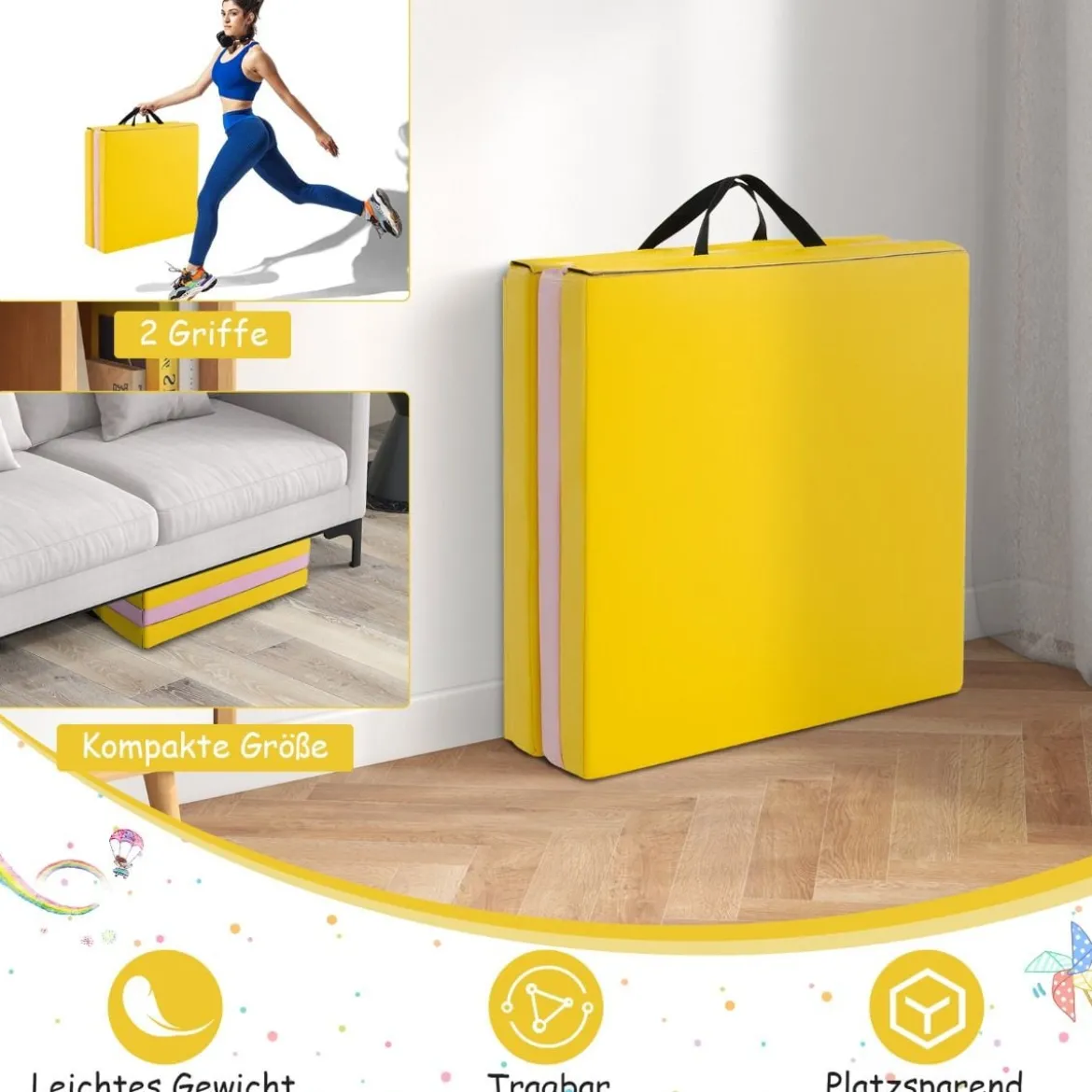 Klappbare Weichbodenmatte mit 2 Griffen Rutschfeste Gymnastikmatte 180 x 60 x 5 cm