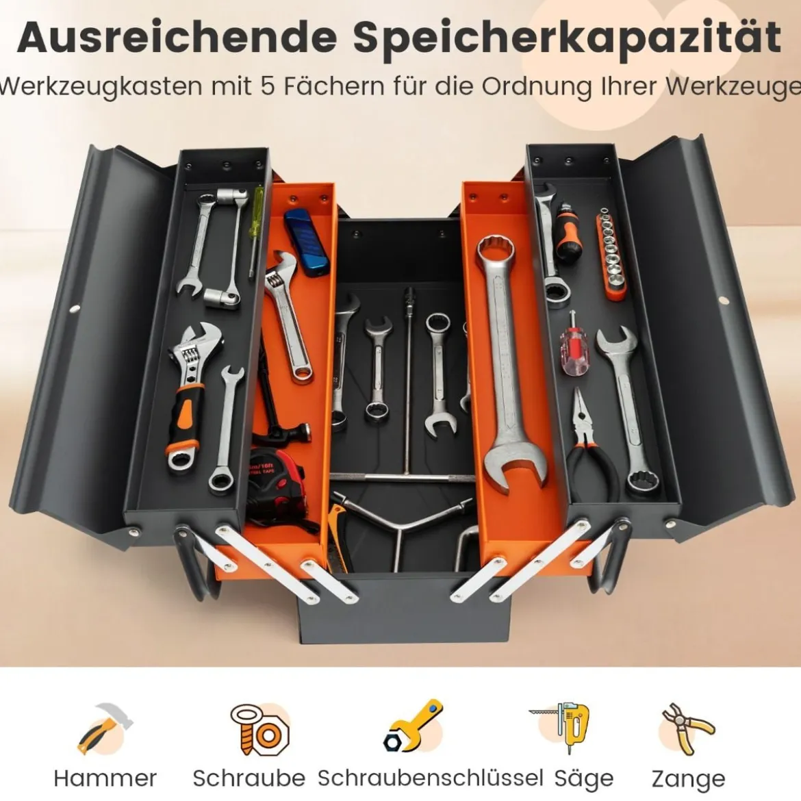 Klappbare Werkzeugkasten aus Metall mit 5 Fächern & Vorhängeschloss auf 3 Ebenen Werkzeugkoffer