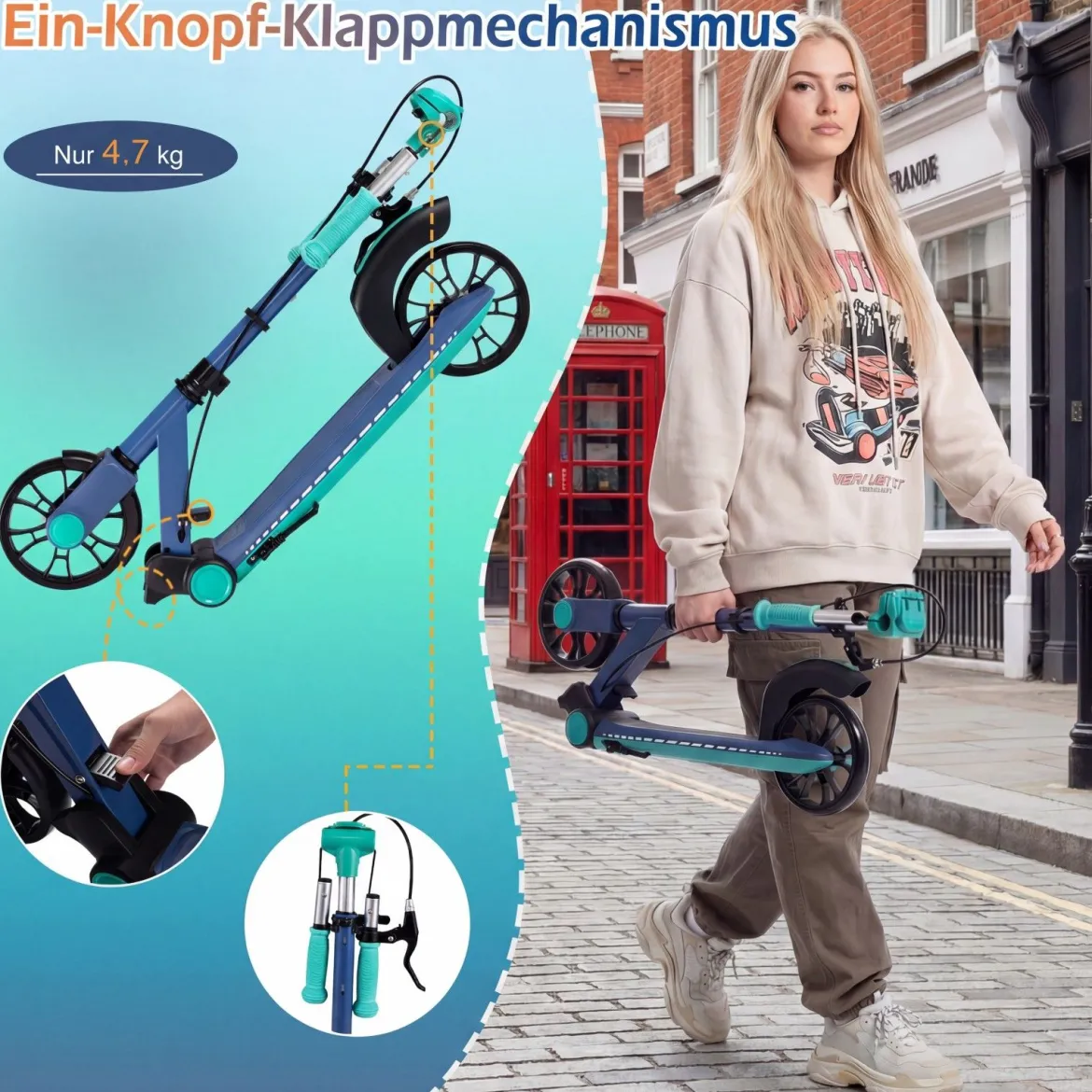 Klappbar Roller Scooter mit 2 Leuchtenden Rädern & Ständer Höhenverstellbar Tretroller Grün