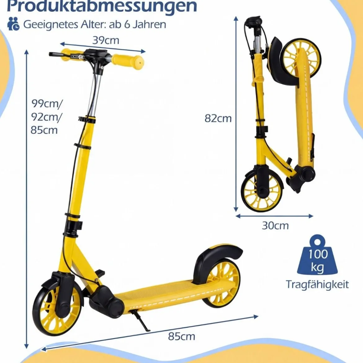 Klappbar Roller Scooter mit 2 Leuchtenden Rädern & Ständer Höhenverstellbar Tretroller Gelb