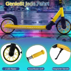 Klappbar Roller Scooter mit 2 Leuchtenden Rädern & Ständer Höhenverstellbar Tretroller Gelb