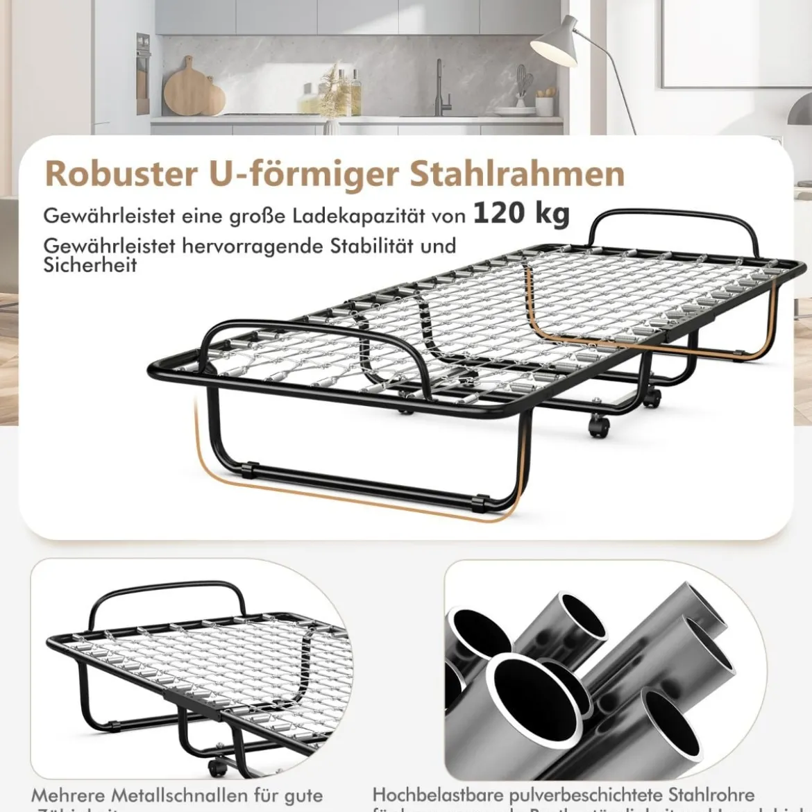 Klappbett auf Rädern mit Matratze für Erwachsene 190 x 80 x 39 cm hergestellt in Italien Herkunft: Italien