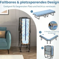 Klappbett mit Luxuriöser Matratze aus Rückstellschaum & Rollen 110 kg Belastbarkeit hergestellt in Italien Herkunft: Italien