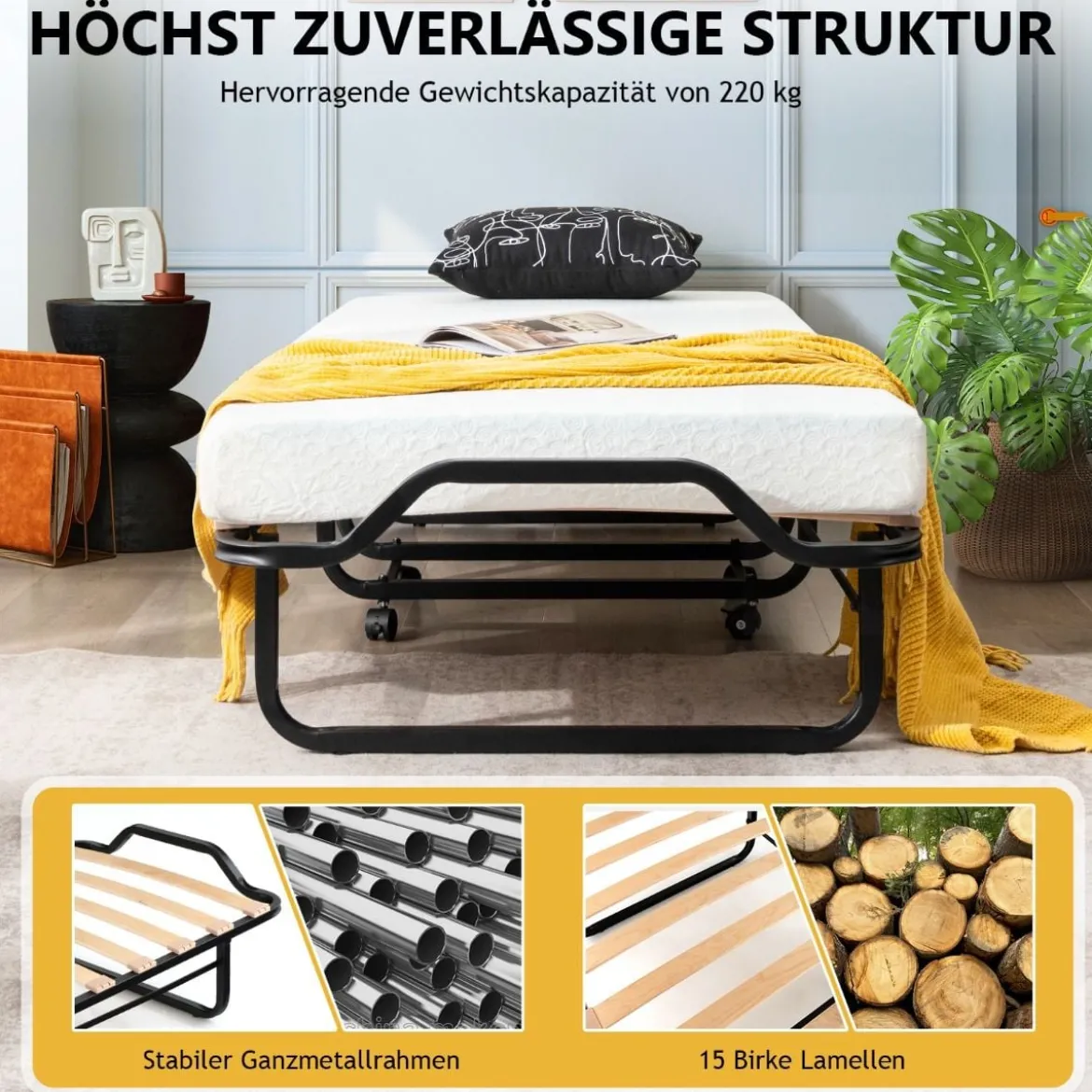 Klappbett mit Matratze Gästebett zum Herausrollen für Erwachsene platzsparend