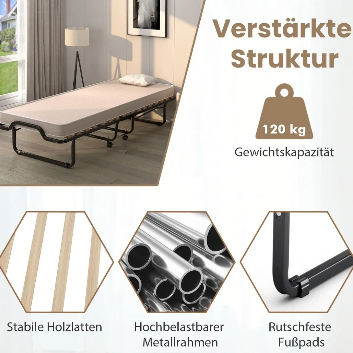 Klappbett Rollbett mit luxuriöser Matratze 200 x 90 x 41 cm Beige Hergestellt in Italien Herkunft: Italien