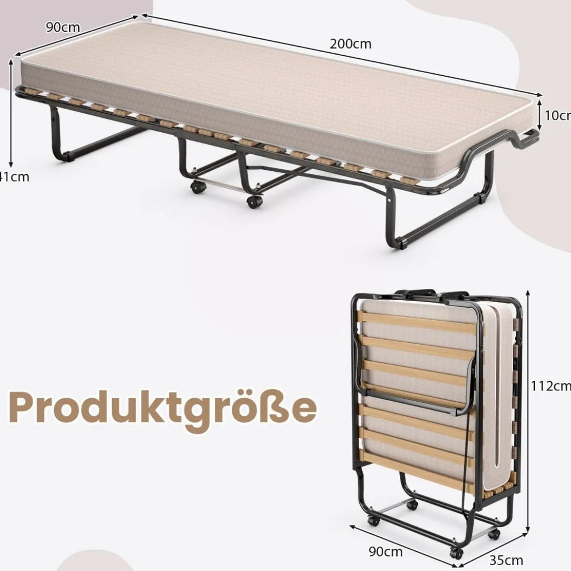Klappbett Rollbett mit luxuriöser Matratze 200 x 90 x 41 cm Beige Hergestellt in Italien Herkunft: Italien