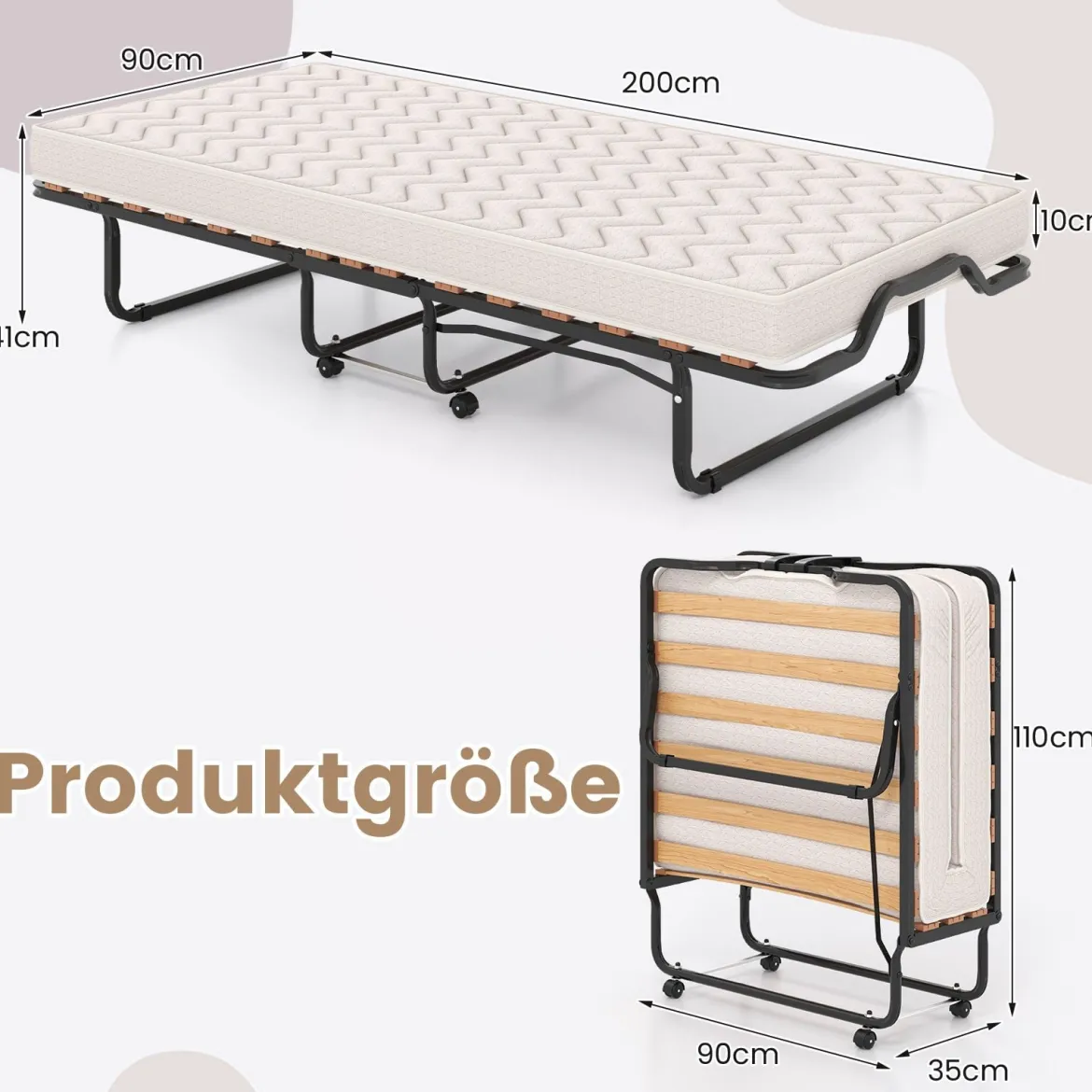 Klappbett 90x200 Cm Memory Foam Matratze Rollen Platzsparend Für Gäste Italien Schwarz