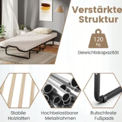 Klappbett 90x200 Cm Memory Foam Matratze Rollen Platzsparend Für Gäste Italien Schwarz