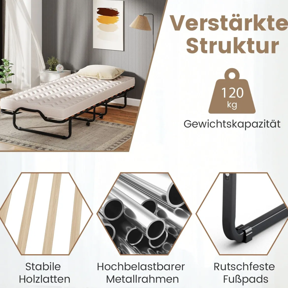 Klappbett 90x200 Cm Memory Foam Matratze Rollen Platzsparend Für Gäste Italien Schwarz