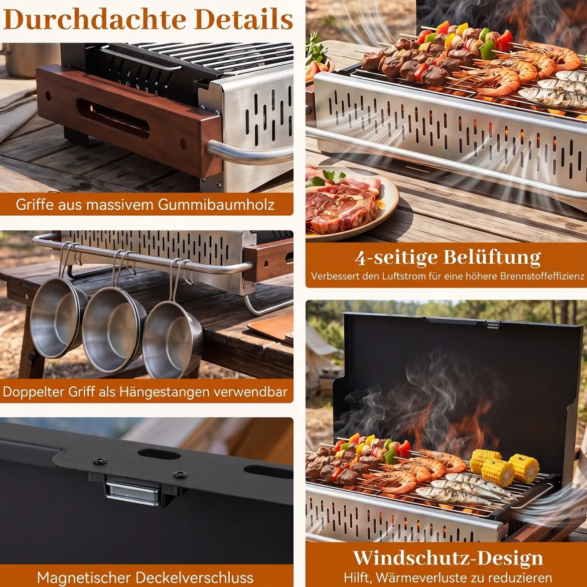 Klappgrill Outdoor Tragbarer Holzkohlegrill Camping Grill aus Metall 62 x 43,5 x 41,5 cm
