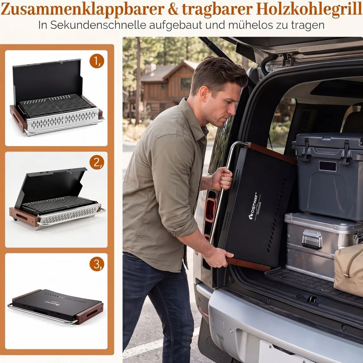 Klappgrill Outdoor Tragbarer Holzkohlegrill Camping Grill aus Metall 62 x 43,5 x 41,5 cm