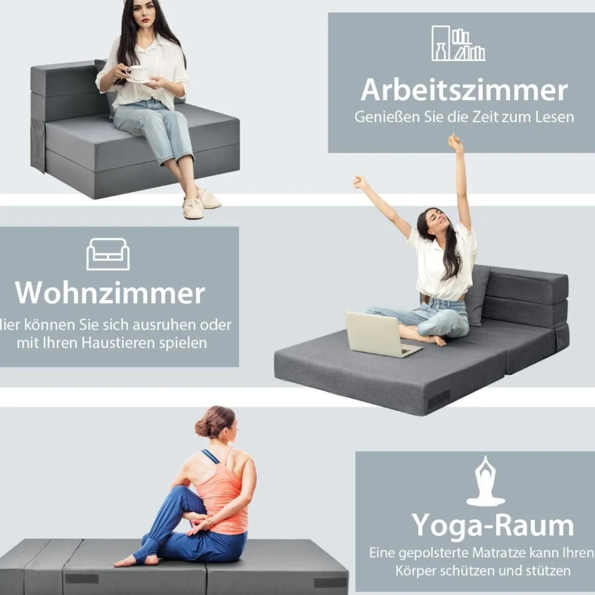 Klappmatratze mit Kissen aus Schaumstoff 15cm dick Schlafsofa mit Waschbarem Bezug 190 x 100 x 15 cm Grau