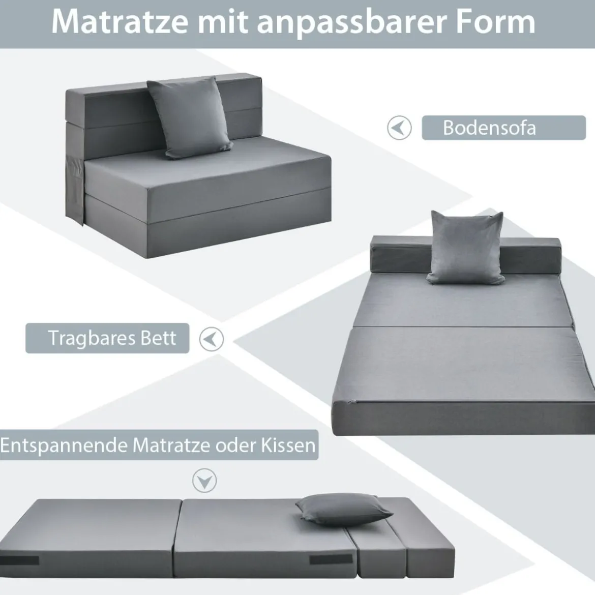 Klappmatratze mit Kissen aus Schaumstoff 15cm dick Schlafsofa mit Waschbarem Bezug 190 x 100 x 15 cm Grau
