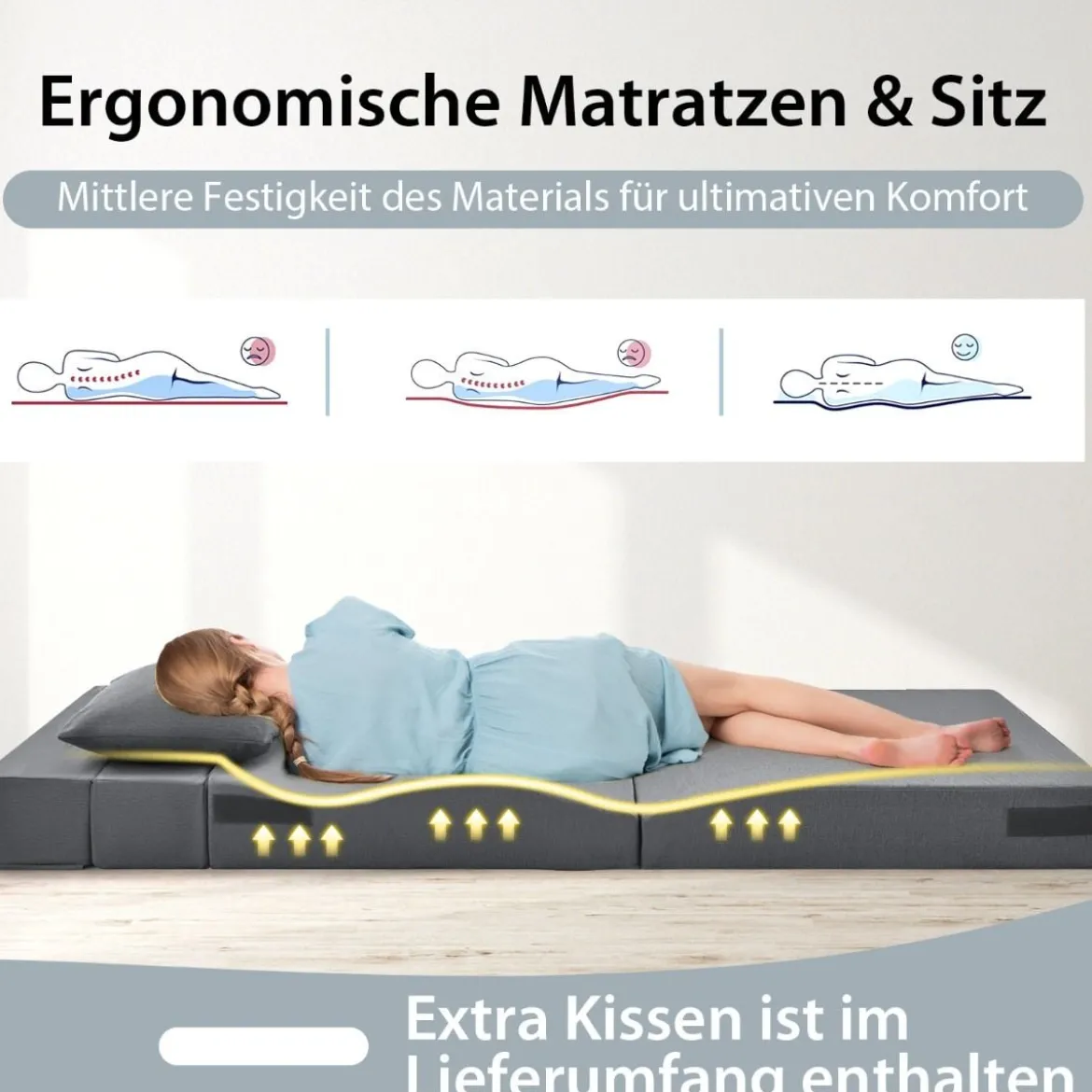 Klappmatratze mit Kissen aus Schaumstoff 15cm dick Schlafsofa mit Waschbarem Bezug 190 x 100 x 15 cm Grau